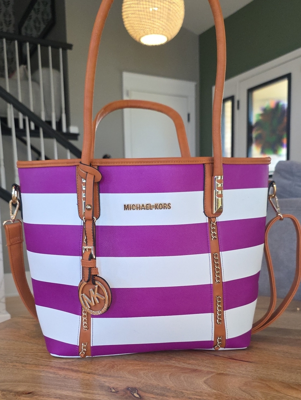 Michael Kors Purple and White Striped Shoulder Tote with Tan Trim